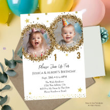 Gold Glitter Double Birthday Kids Photo Invitation