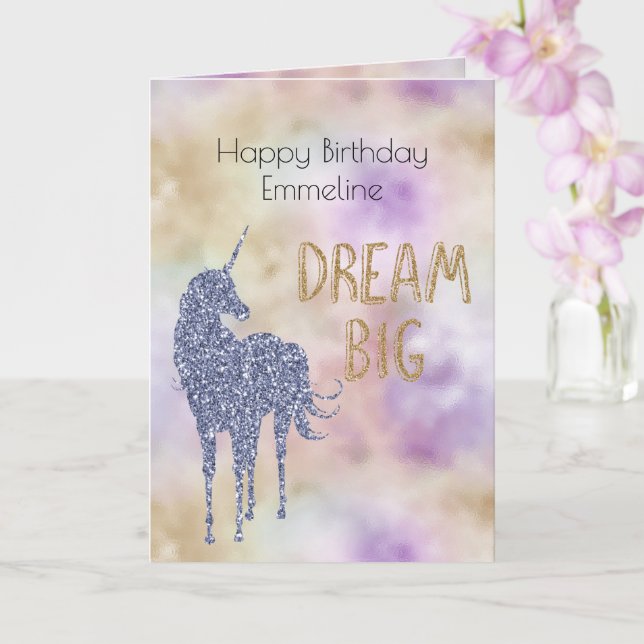 Gold Glitter Dream Big Unicorn Personalised   Card (Orchid)