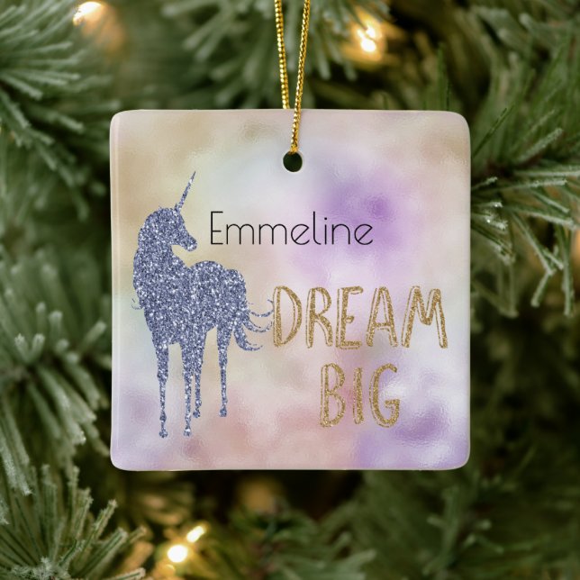 Gold Glitter Dream Big Unicorn Personalised Name Ceramic Ornament (Tree)