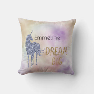 Gold Glitter Dream Big Unicorn Personalised Name   Cushion