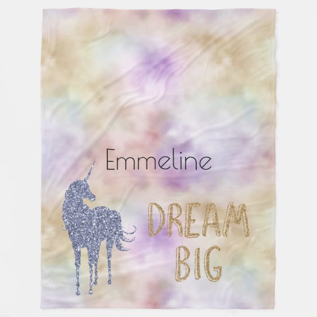 Gold Glitter Dream Big Unicorn Personalised Name   Fleece Blanket (Front)