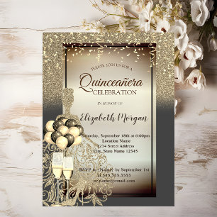 Gold Glitter Dress,Ballons,Quinceanera Celebration Invitation