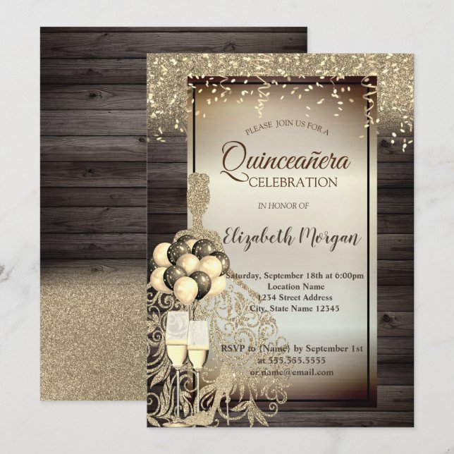 Gold Glitter Dress,Balloons,Wood Quinceanera Invitation (Front/Back)