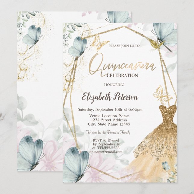 Gold Glitter Dress Blue Butterflies Gold Frame  Invitation (Front/Back)