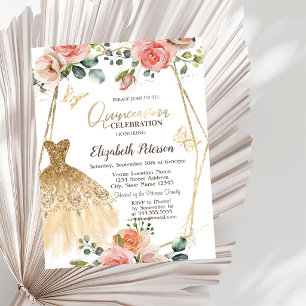 Gold Glitter Dress Butterfly Flowers Quinceanera Invitation