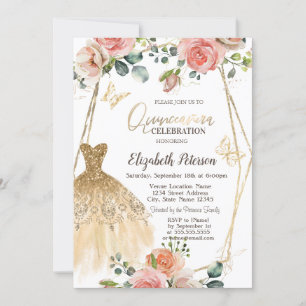 Gold Glitter Dress Butterfly Flowers Quinceanera Invitation
