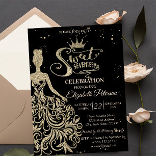 Gold Glitter Dress,Confetti Black Quinceañera  Invitation
