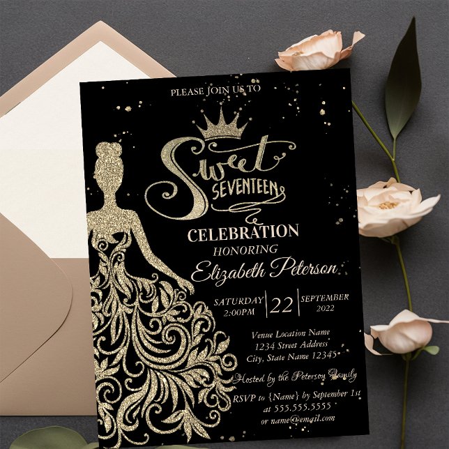 Gold Glitter Dress,Confetti Black Quinceañera  Invitation (Creator Uploaded)