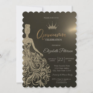 Gold Glitter Dress,Diamonds Gold Quinceanera Invitation