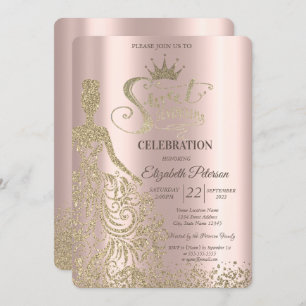 Gold Glitter Dress,Diamonds Rose Gold Sweet 17   Invitation