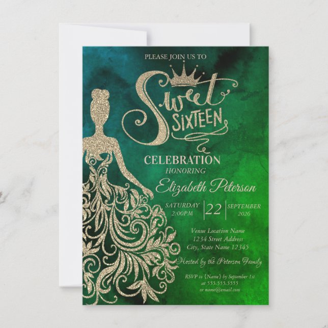 Gold Glitter Dress,Diamonds Watercolor Green  Invitation (Front)