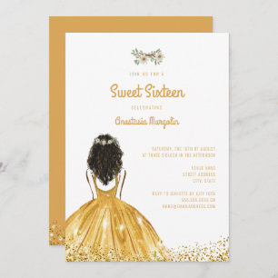 Gold Glitter Dress Floral Sweet 16 16th Birthday Invitation