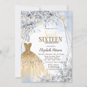 Gold Glitter Dress Flowers Butterfly Sweet 16 Invitation
