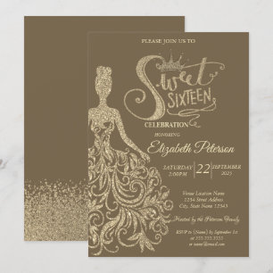 Gold Glitter Dress Girl Crown,Diamonds Sweet 16 Invitation