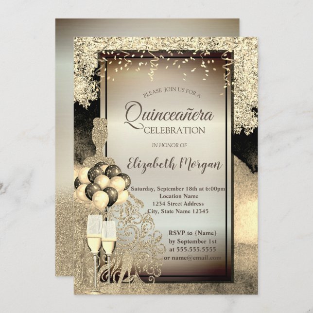 Gold Glitter Dress,Heels,Quinceanera Celebration Invitation (Front/Back)