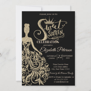 Gold Glitter Dress,Tiara, Diamonds Black Sweet 16 Invitation