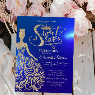 Gold Glitter Dress,Tiara, Diamonds Blue Sweet 16  Invitation