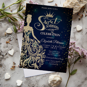 Gold Glitter Dress,Tiara,Diamonds Blue Sweet 17  Invitation