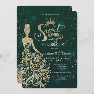 Gold Glitter Dress,Tiara,Diamonds Green Sweet 17  Invitation