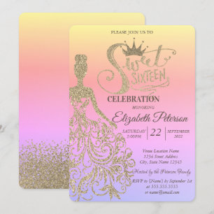 Gold Glitter Dress,Tiara, Diamonds Ombre Sweet 16  Invitation