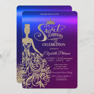 Gold Glitter Dress,Tiara,Diamonds Ombre Sweet 17  Invitation