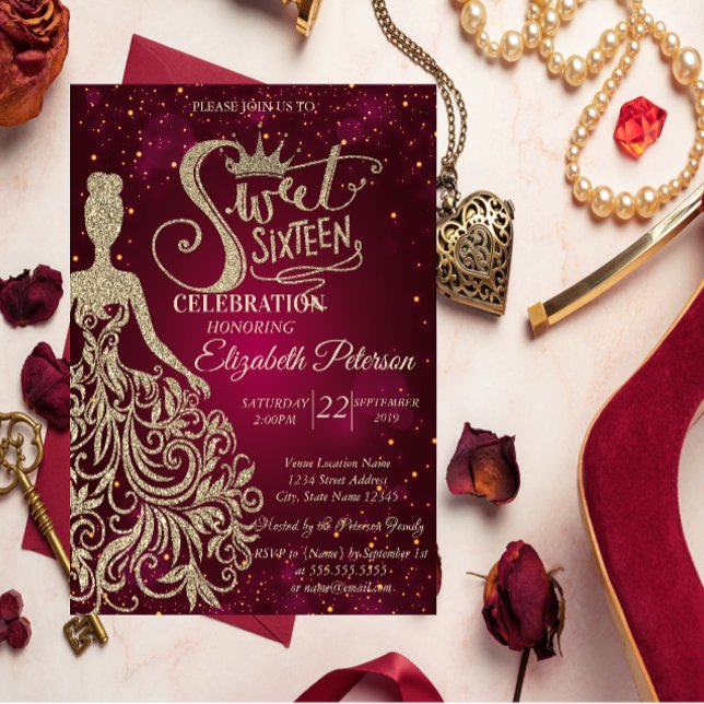 Gold Glitter Dress,Tiara, Diamonds Sweet 16 Invitation (Creator Uploaded)