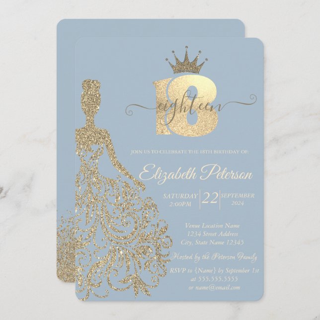 Gold Glitter Dress,Tiara,Dusty Blue 18th Birthday Invitation (Front/Back)