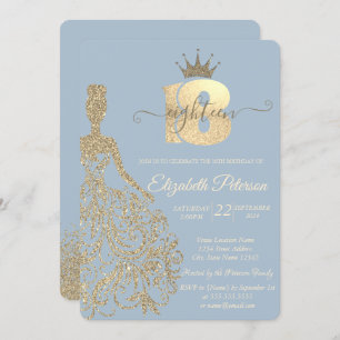 Gold Glitter Dress,Tiara,Dusty Blue 18th Birthday Invitation