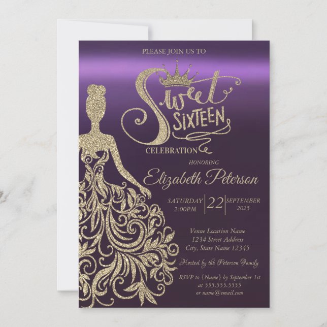 Gold Glitter Dress,Tiara, Purple Sweet 16 Invitation (Front)