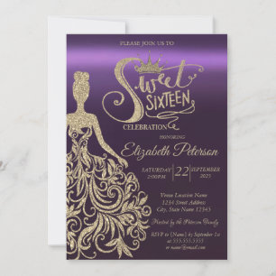 Gold Glitter Dress,Tiara, Purple Sweet 16 Invitation