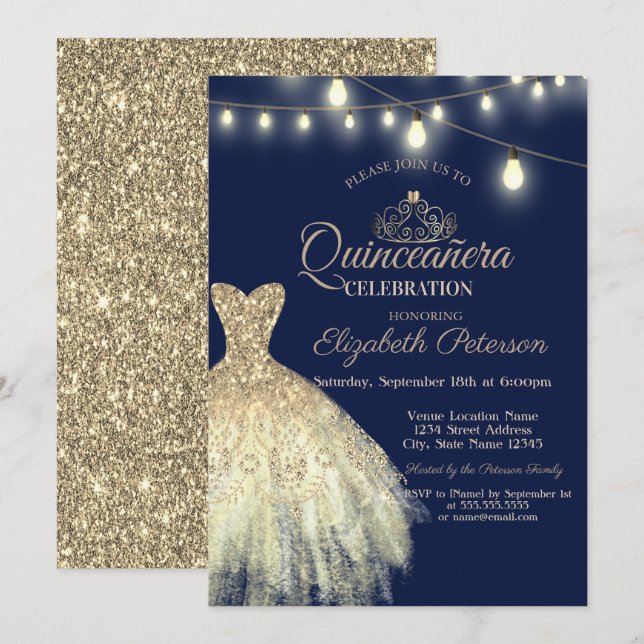 Gold Glitter Dress,Tiara Quinceañera Invitation (Front/Back)