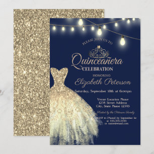 Gold Glitter Dress,Tiara Quinceañera Invitation