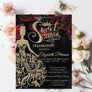 Gold Glitter Dress,Tiara,Red Roses Gothic Invitation