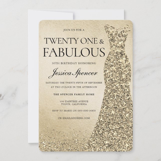 Gold Glitter Dress Womans 21st Birthday Party Invitation (Front)