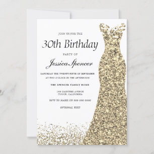 Gold Glitter Dress Womans 30th Birthday Party Invitation