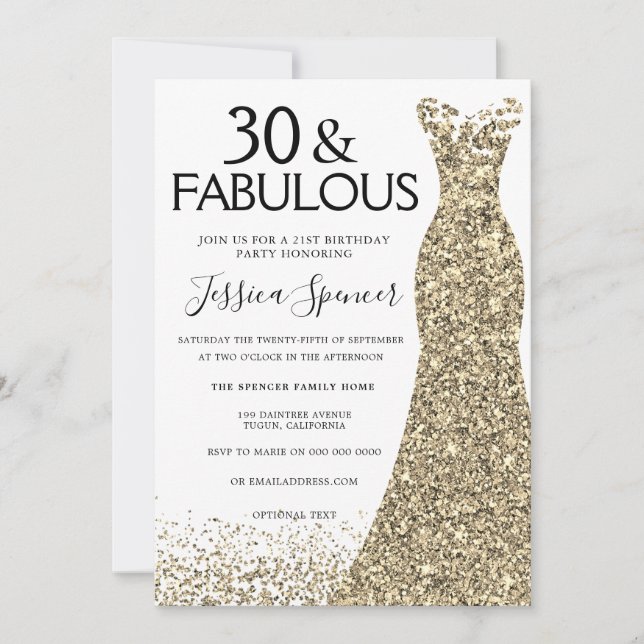 Gold Glitter Dress Womans 30th Birthday Party Invitation (Front)