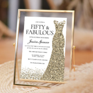 Gold Glitter Dress Womans 50th Birthday Party Invitation
