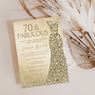 Gold Glitter Dress Womans 70th Birthday Party Invitation