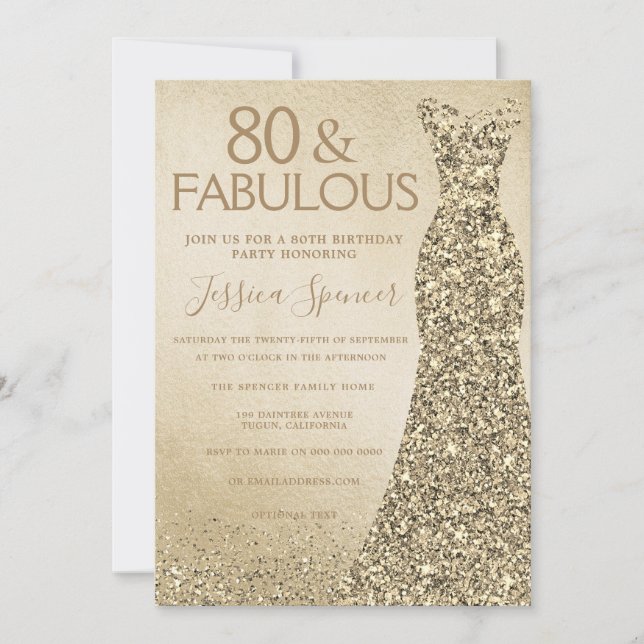 Gold Glitter Dress Womans 80th Birthday Party Invitation (Front)