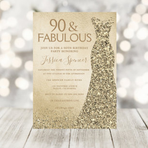 Gold Glitter Dress Womans 90th Birthday Party Invitation
