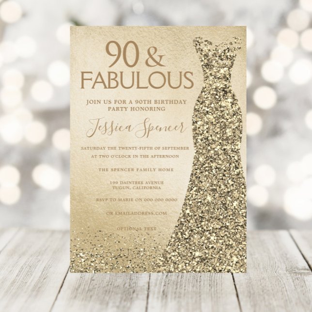 Gold Glitter Dress Womans 90th Birthday Party Invitation (Creator Uploaded)