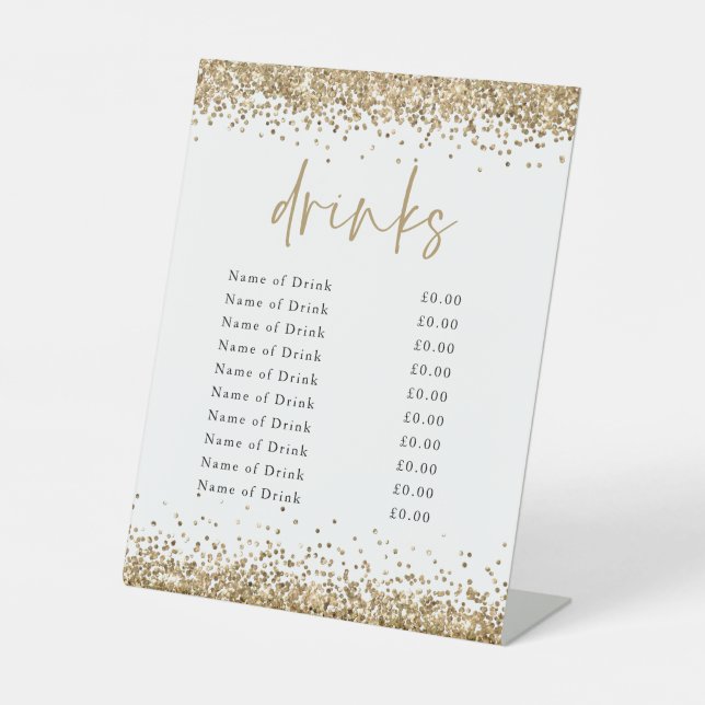 Gold Glitter Drinks Names Prices Bar Pedestal Sign (Front)