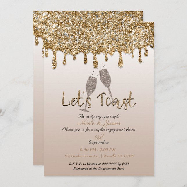Gold Glitter Drip Glam Brunch Engagement Shower Invitation (Front/Back)