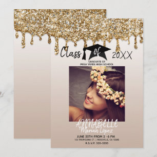 Gold Glitter Drip Modern Glam Graduation Photo Invitation
