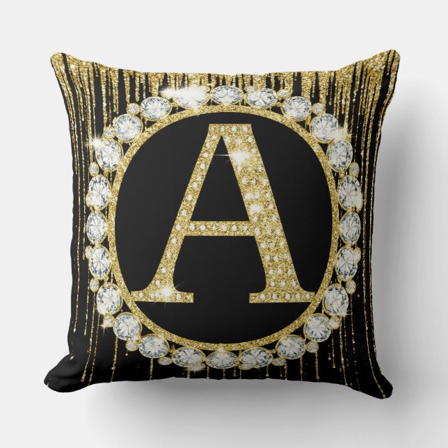 Gold Glitter Drip Monogram A Personal Initial Cushion (Front)