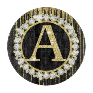 Gold Glitter Drip Monogram A Personal Initial Cutting Board