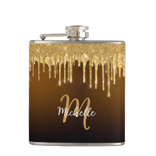 Gold Glitter Drip Monogram Sparkle Cute Girly Hip Flask