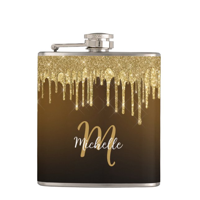 Gold Glitter Drip Monogram Sparkle Cute Girly Hip Flask (Front)