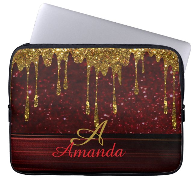 Gold Glitter Drip Red Sparkle Electronics Bag (Front)
