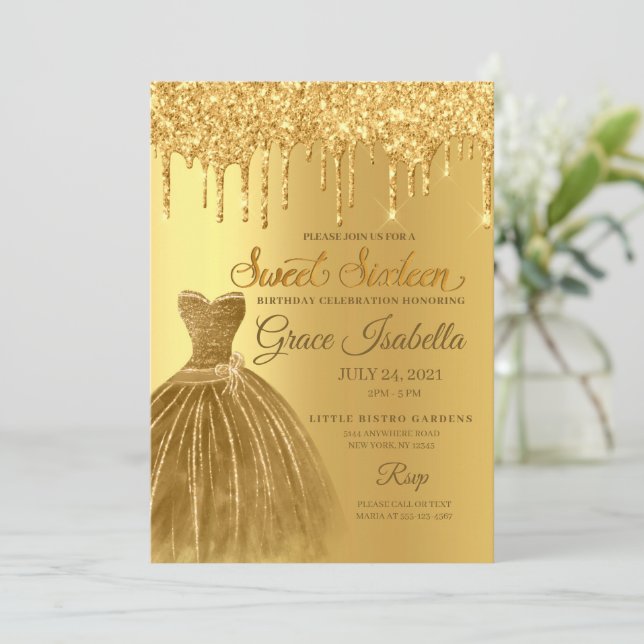 Gold Glitter Drip Sweet Sixteen Birthday Invitation (Standing Front)